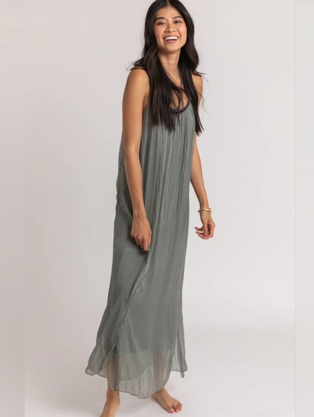 ROSEMARINE Flowy Sleeveless ITALIAN Silk Blend Maxi Dress in Army Green L NWT